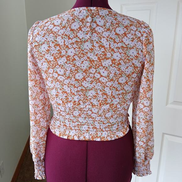 Forever 21 Sheer Floral Crop Top S orange purple festival smocked long sleeves - Picture 5 of 16
